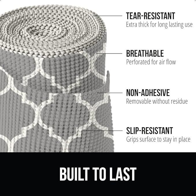 GORILLA GRIP powerGRIP Drawer Shelf and Cabinet Liner, Thick Strong Hold, Non-Adhesive Liners Protect Kitchen Cabinets and Cupboard, Bathroom Drawers, Easy Install, Breathable Mat, 17.5" x20', Gray