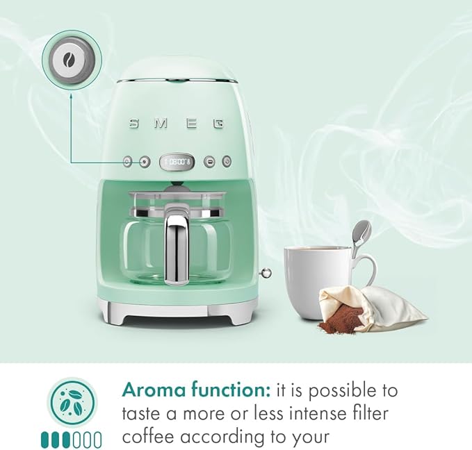 Smeg 50's Retro Style Aesthetic Drip Coffee Machine with 10 Cup Glass Carafe, Auto Start Feature, Keep Warm Plate, and Two Coffee Strength Settings (Pastel Green)