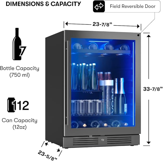 Zephyr 24" Wine Fridge & Beverage Refrigerator Single Zone Under Counter - Mini Wine Cooler Cellars Small Beer Cabinet Drink Chiller Freestanding with French Glass Door Black, 7 Bottles, 112 Cans