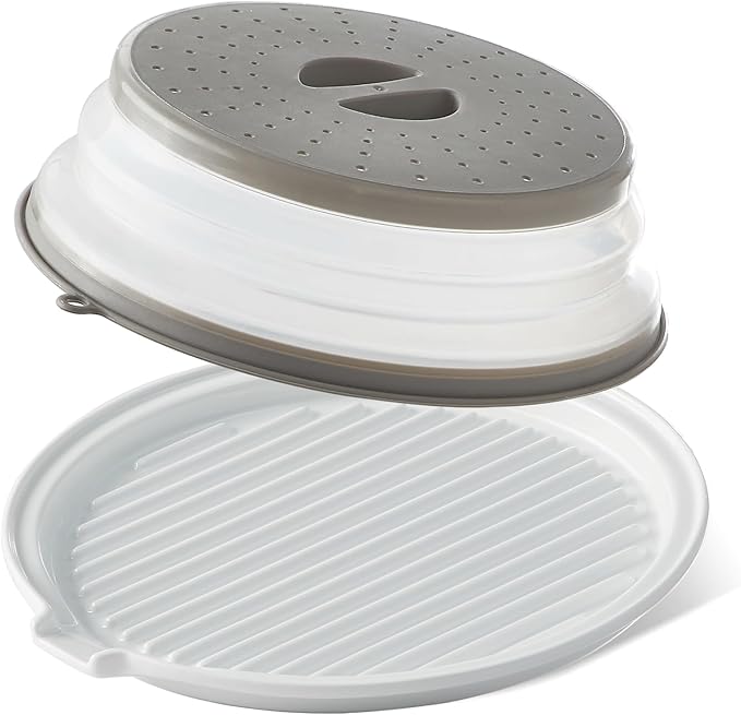 ONEMORE Microwave Bacon Tray with Lid Ceramic Bacon Cooker Meat Rack for Oven Cooking Crispy Bacon Maker with Cover - 11 inch Round Bacon Dish Plate, White