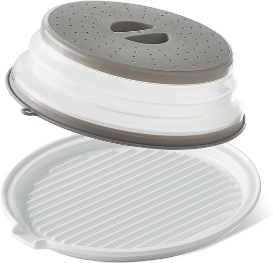 ONEMORE Microwave Bacon Tray with Lid Ceramic Bacon Cooker Meat Rack for Oven Cooking Crispy Bacon Maker with Cover - 11 inch Round Bacon Dish Plate, White