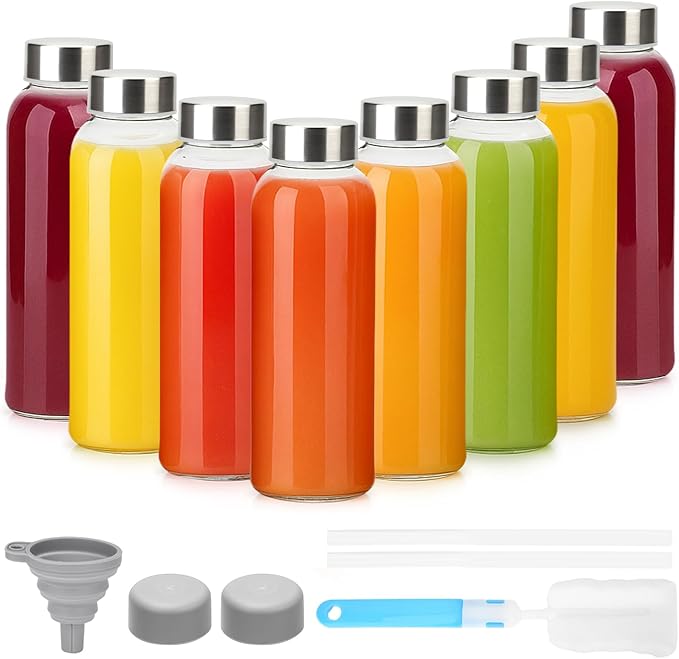 10 oz Clear Glass Bottle with Lid, Reusable Glass Water Bottles with Stainless Steel Cap & Straws for Juicing, Milk, Ginger & Smoothies, Refrigerator, Leak-Proof, Juice Containers Set of 8