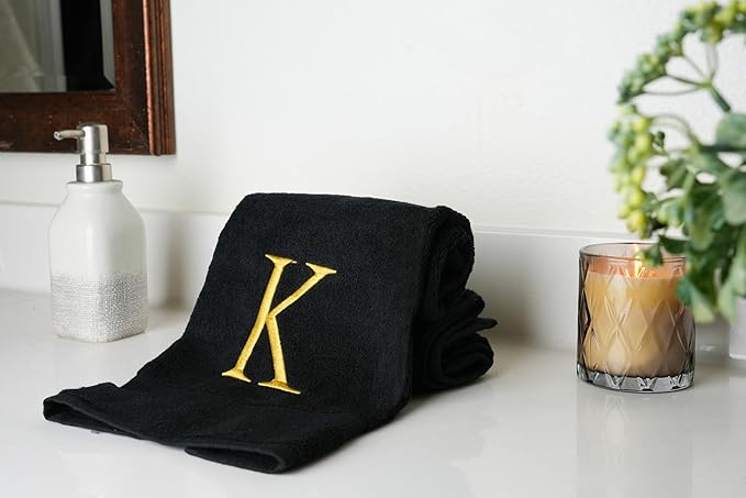Black Monogrammed Hand Towels for Bathroom - Black and Gold Luxury Hotel Quality Personalized Initial Decorative Embroidered for Powder Room, Spa-GOTS Organic Certified - Pack of 2, Letter K