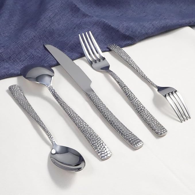 Hammered silverware set, 40 Piece Stainless Steel Flatware Set for 8, Food-Grade Tableware Cutlery Set for Home Restaurant, Mirror Polished, Dishwasher Safe