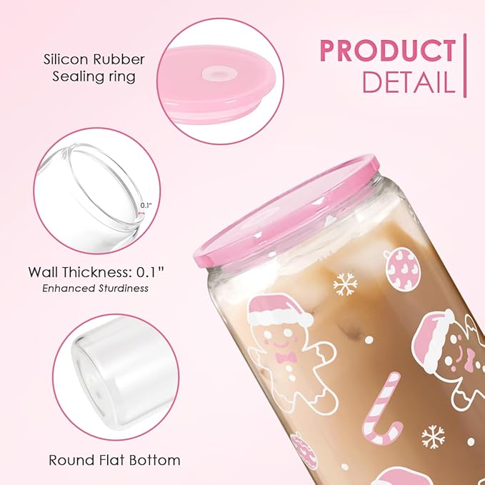 Christmas Gingerbread 16oz Can Glass Tumbler with Acrylic Lid & Straw, Iced Coffee Cup for Women Girls, Aesthetic Cups Gifts for Xmas