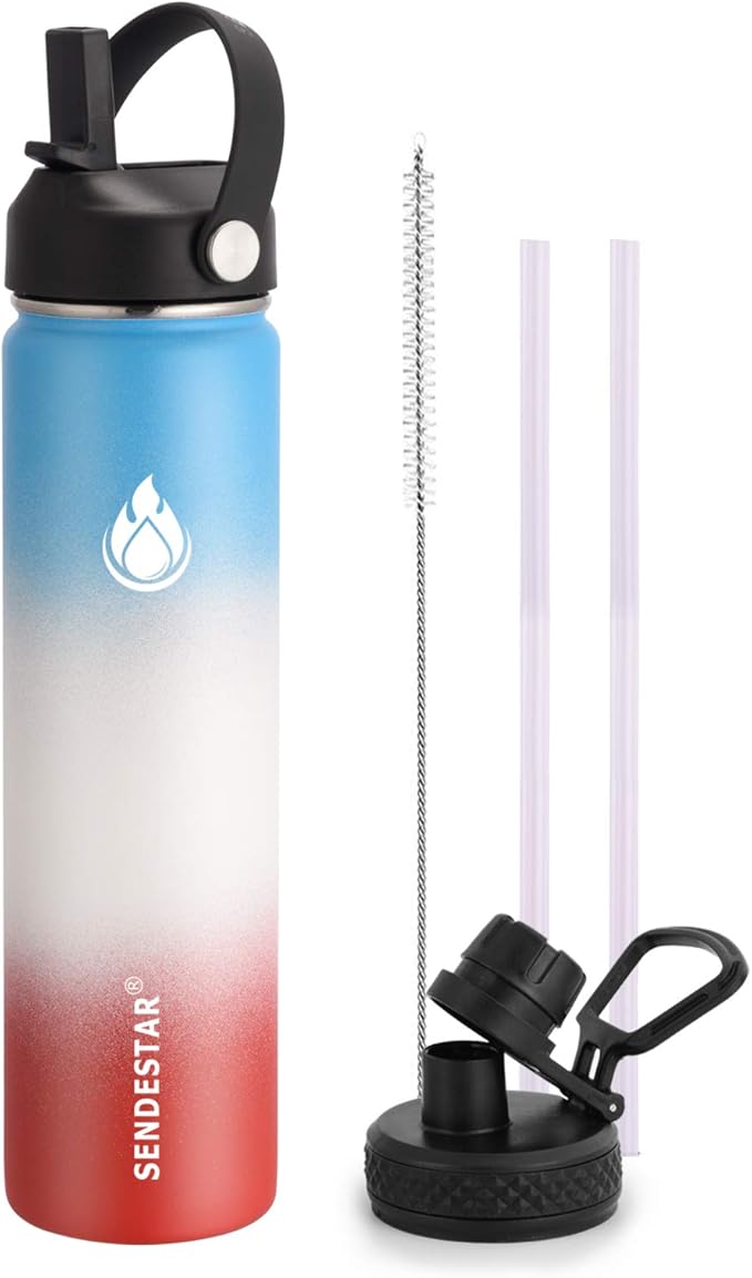 SENDESTAR Water Bottle 24oz Double Wall Vacuum Insulated Leak Proof Stainless Steel Sports Water Bottle—Wide Mouth with New Flex Straw Lid & Spout Lid (Sweet Candy)