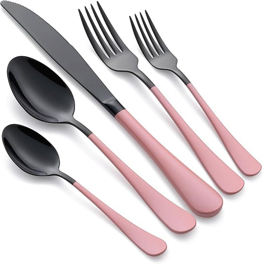 20-Piece Black Silverware Set 18/0 Stainless Steel Silverware Set Light pink Handle Cutlery Set Service for 4 Dinner Knives Forks Spoons Set Flatware Set Finish Dishwasher Safe