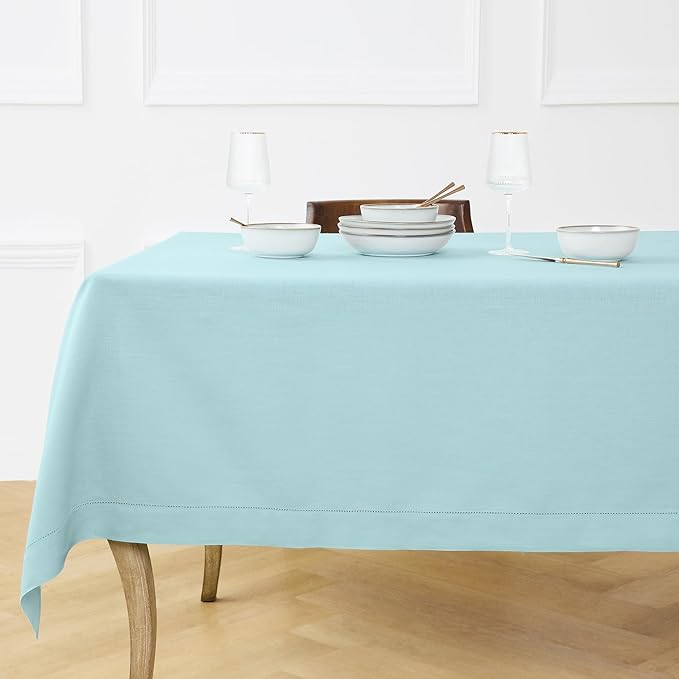Solino Home Linen Tablecloth for Rectangle Tables 60 x 108 Inch - Classic Hemstitch 100% Pure Linen Aqua Blue Table Cloth - Machine Washable Cloth Tablecloth for Holiday, New Year