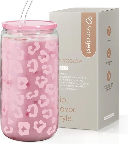 SANDJEST Leopard Glass Bottle, Pink Leopard Print Glass Cup with Lid & Straw, Iced Coffee Aesthetic Glass Can, Gifts for Women, Christmas Birthday Mother's Day