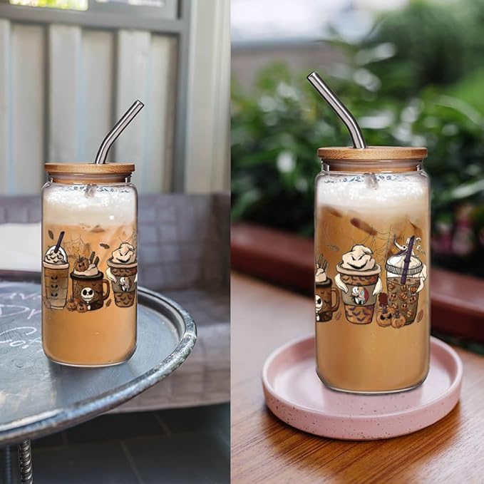 FALJIOK Skeleton Glass Cup w/Lid Straw 16OZ, Skull Coffee Cup, Skeleton Halloween Gifts for Coffee Lover, Witchy Gifts for Women Tarot Lovers