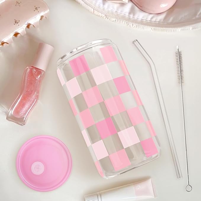 Checker 16 Oz Can Glass Tumbler with Acrylic Lid and Straw - Iced Coffee Cups for Women, Aesthetic Glass Cup Gift for Birthday Christmas