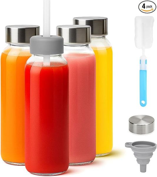 Zukro Glass Water Bottles with Lids & Straw 16 oz, 4 Pack Reusable Juice Bottles With Stainless Steel Cap for Juicing, Leak Proof Clear Smoothie Drinking Jars Beverages Containers, BPA Free