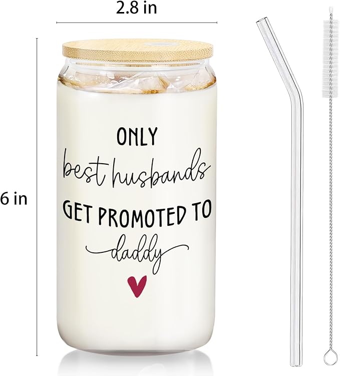 Get Promoted to Daddy Dad Glass Cup with Lids and Straws 14oz, Daddy to Be Gifts, Pregnancy Announcement for Dad Glass Coffee Tumbler Drinking Jars with Cleaning Brush