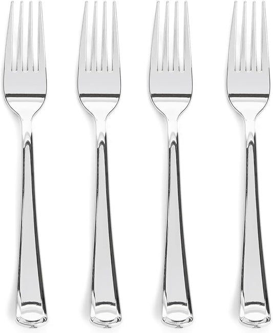 Prestee 300 Count Plastic Forks - 7 Inch Heavy Duty Disposable Silverware - Bulk Fancy Silver Fork Set for Table Decor - Durable Plastic Silverware for Parties, Events and Christmas Holidays
