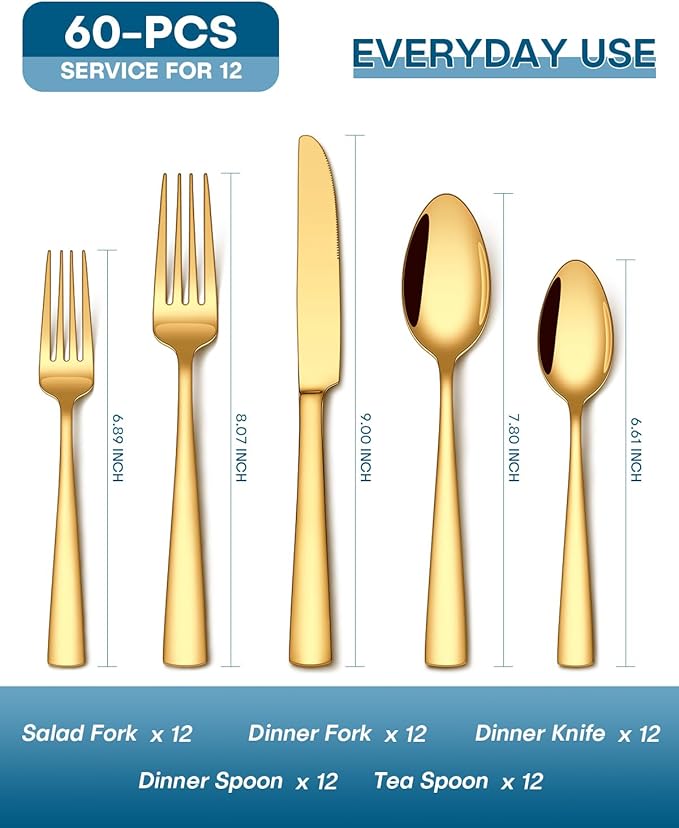 Stapava 60 Pcs Gold Silverware Set, Food-Grade Stainless Steel Flatware Sets for 12 Mirror Polished Cutlery Utensil Sets Include Dinner Knives Spoons and Forks Set Dishwasher Safe for Home Restaurant