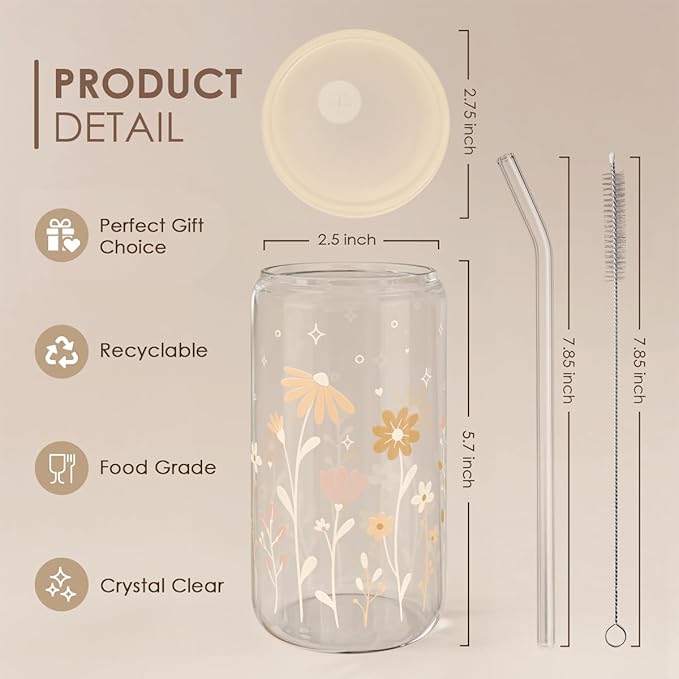 SANDJEST Flower Glass Can, Floral Cup with Lid & Straw, Iced Coffee Aesthetic Cups, Idea Gift for Christmas Birthday Mother Day, Gifts for Women, 16oz