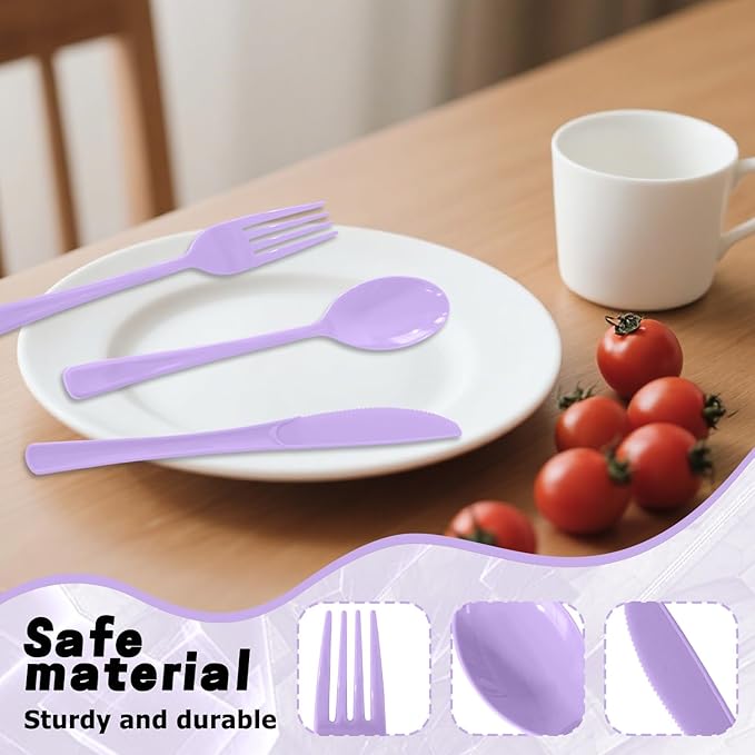 150 Pack Disposable Plastic Silverware, Heavy Duty Lavender Plastic Cutlery Set Includes 50 Forks 50 Knives 50 Spoons for Birthday Wedding Party Picnics (150, Lavender)