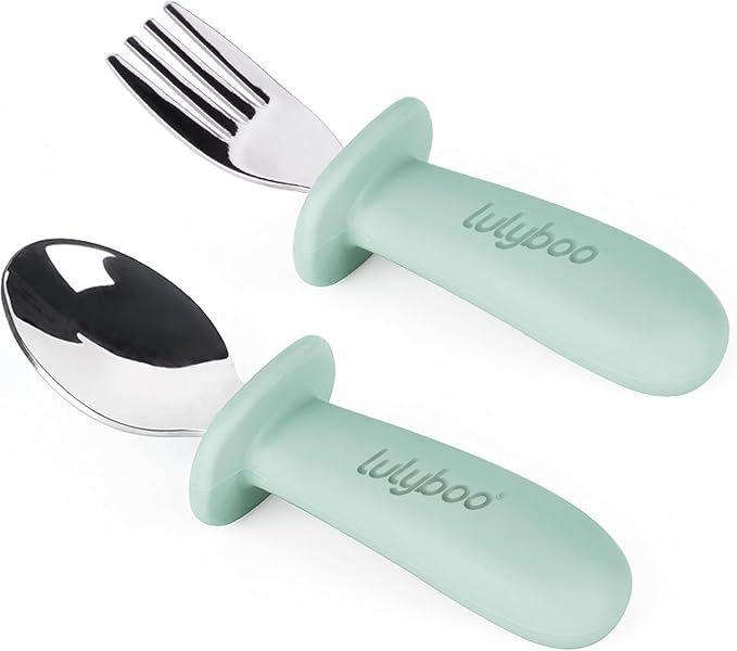 Lulyboo Baby Silverware Set - Stainless Steel Fork & Spoon with Easy-Grip Handles, BPA-Free, Dishwasher Safe, Perfect for Tots 4+ Months, Self-Feeding Utensils for Infant & Toddler, Green