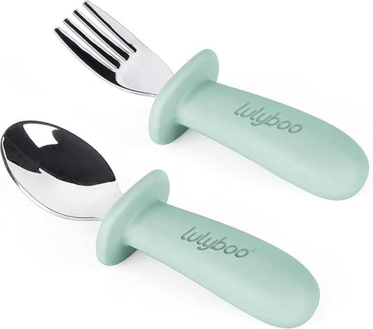 Lulyboo Baby Silverware Set - Stainless Steel Fork & Spoon with Easy-Grip Handles, BPA-Free, Dishwasher Safe, Perfect for Tots 4+ Months, Self-Feeding Utensils for Infant & Toddler, Green