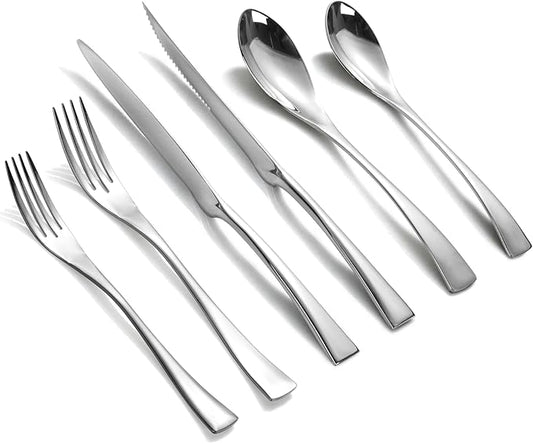 Lemeya 24-Piece Silverware Set with Steak Knives,Forged 18/10 Stainless Steel Cutlery Set for 4,Modern Heavy Duty Flatware Utensils Set,Forks Spoons and Knives Set, Mirror Polished,Dishwasher Safe
