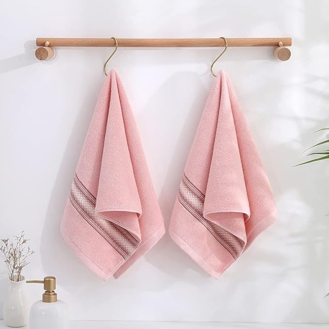 YiLUOMO Pink Hand Towels 100% Cotton Soft Absorbent Summer Decorative Textured Striped Decorative Hand Towel for Bathroom 13 x 29 Inch, 2 Pieces