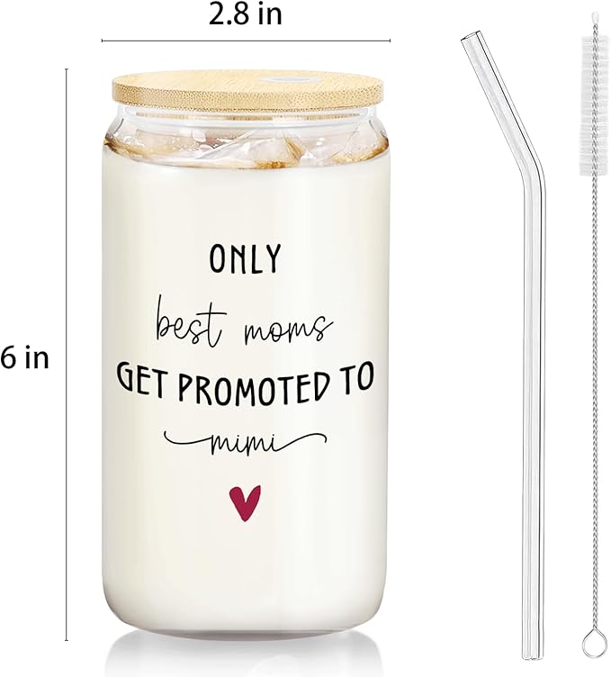 Mimi Grandma Announcement Gifts Glass Cup with Lids and Straws 14oz, Pregnancy Announcement for Grandma, Get Promoted to Mimi Glass Iced Coffee Tumbler Drinking Jars with Cleaning Brush