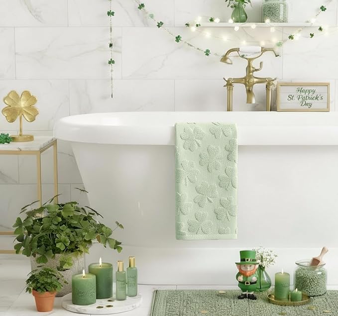 Artoid Mode 1 Pc Light Green 3D Shamrock Jacquard Patrick Hand Towels for Bathroom, 100% Cotton Soft Absorbent Bathroom Decor Towels, 13.7 x 29.5 Inch