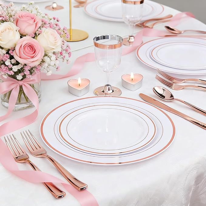 WDF 120 Pieces Rose Gold Plastic Silverware- Disposable Flatware Set-Heavyweight Plastic Cutlery- Includes 40 Forks, 40 Spoons, 40 Knives for Valentine's Day, Mother's Day,Wedding&Party