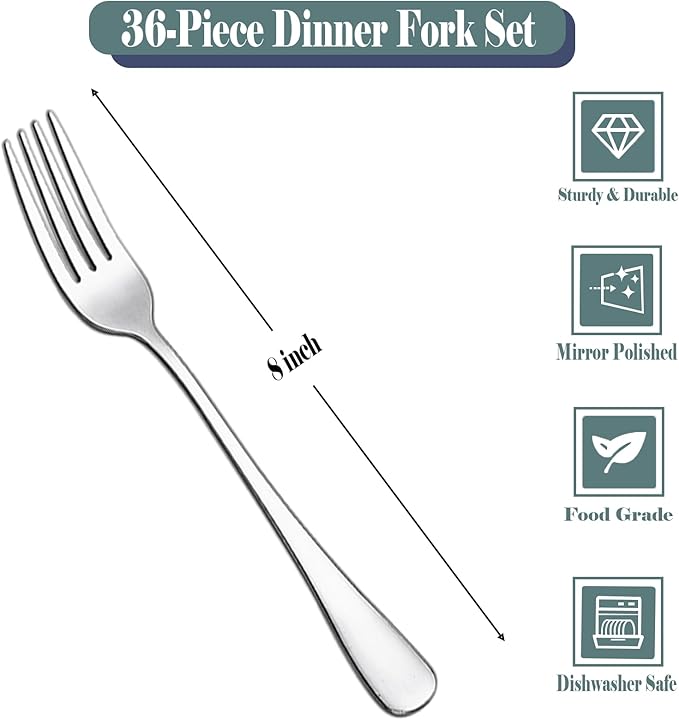36 Piece Dinner Fork Set (8 Inches) - Premium Stainless Steel Silverware Forks -Table Forks, Metal Forks for Home or Restaurant, Mirror Polished And Dishwasher Safe
