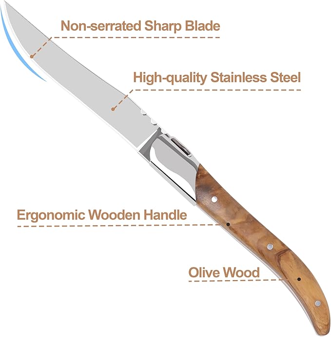Laguiole Style Steak Knife Set of 8, Non-serrated Steak Knife Set with Olive Wood Handle, Sharp Stainless Steel Steak Knives with Gift Box, Dinner Cutlery Set for Home Party