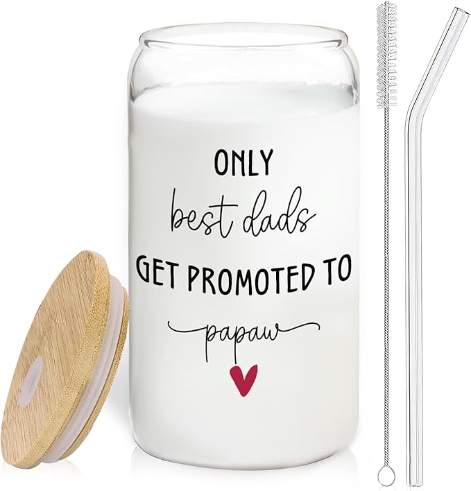 Get Promoted to Papaw Grandpa Glass Cup with Lids and Straws 14oz, Grandpa to Be Gifts, Pregnancy Announcement for Papaw Glass Coffee Tumbler Drinking Jars with Cleaning Brush
