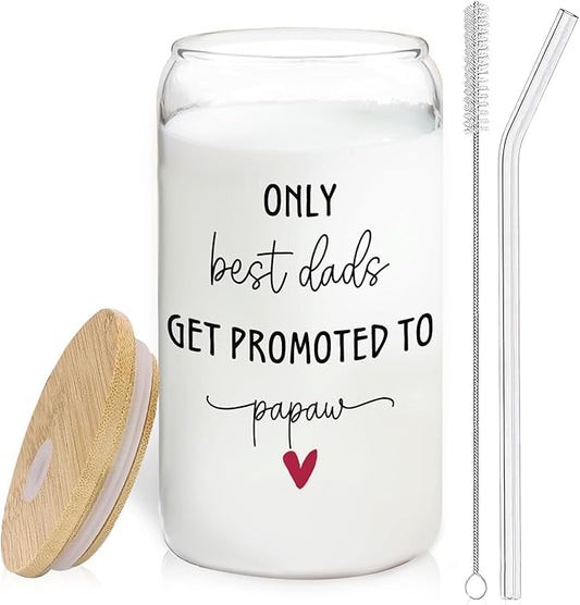 Get Promoted to Papaw Grandpa Glass Cup with Lids and Straws 14oz, Grandpa to Be Gifts, Pregnancy Announcement for Papaw Glass Coffee Tumbler Drinking Jars with Cleaning Brush