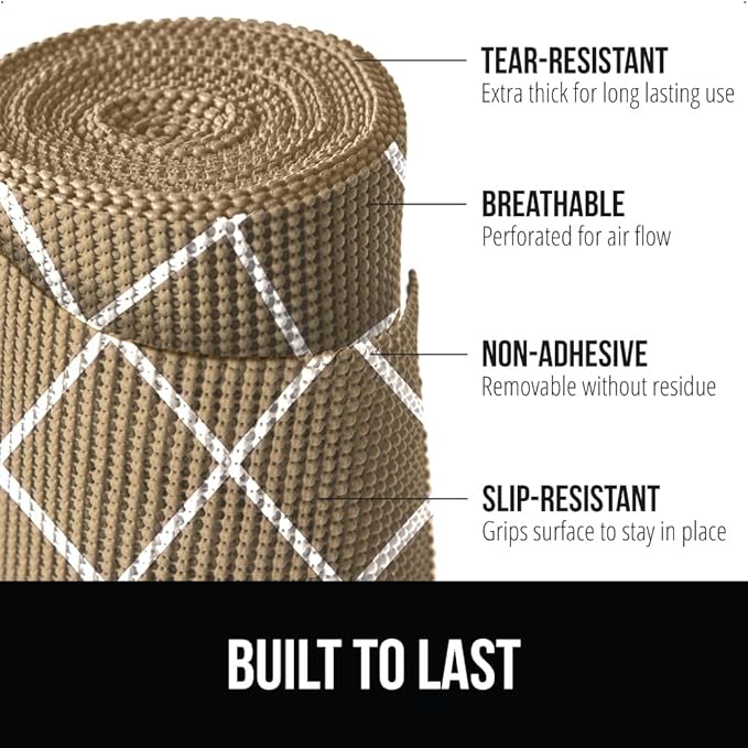 GORILLA GRIP powerGRIP Drawer Shelf and Cabinet Liner, Thick Strong Hold, Non-Adhesive Liners Protect Kitchen Cabinets and Cupboard, Bathroom Drawers, Easy Install, Breathable Mat, 17.5" x30', Beige