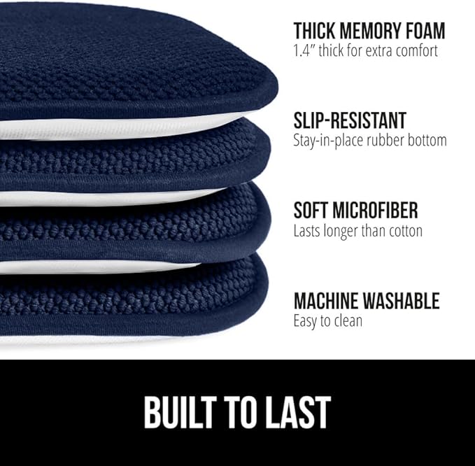 GORILLA GRIP Slip Resistant Chair Cushions, No Ties Required, Set of 6 Memory Foam Pads for Dining Room, Kitchen Table, Office, Rocking Chairs, Plush Seat Cover Cushion Pad, Home Decor, 16x16, Navy