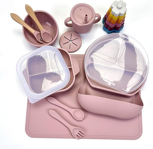 No-Mess Baby Feeding Set — Strong Suction Bowls + Soft Spoons (8-Piece) (Pink)