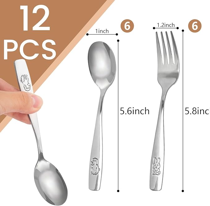 HAKSEN 12PCS Toddler Utensils, Stainless Steel Kids Silverware, Safe Toddler Forks and Spoons, Mirror Polished, Dishwasher Safe, with Bunny & Puppy Motifs, Fun Stocking Stuffers for Kids