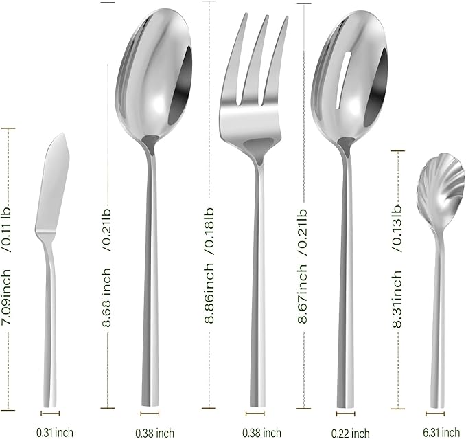 Silverware Serving Set 5-Piece Mirror Polished Stainless Steel Flatware Thick Handle Hexagon Cutlery Serving Utensils Set