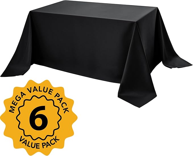 6-Pack Black Tablecloths for Rectangle Tables, 90 x 132 Inches, Stain-Resistant Polyester Fabric for 8 Foot Tables - Washable Table Covers for Weddings, Banquets, Birthday Parties, Events