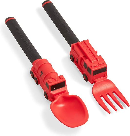 Dinneractive Utensil Set for Kids – Red Firefighter Themed Fork and Spoon for Toddlers and Young Children – 2-Piece Set