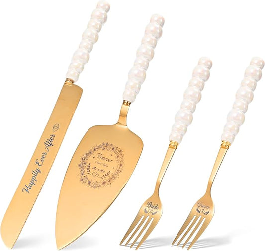 4 Piece Wedding Cake Cutting Set, Knife and Server with Forks, Elegant Wedding Cake Knife and Server Set for Bride and Groom(Pearl Handle Gold)