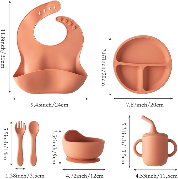 6-Piece Baby Feeding Set, Silicone Baby Mealtime Kit for Food-Grade Strong Suction Baby Plate+Baby Cup+ Bib+Fork+Spoon+Bowl, Toddler Eating Essentials Washable Parenting Gift Idea (Brick red)