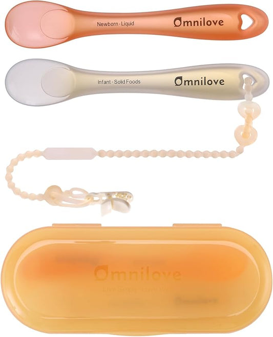 Silicone Baby Spoons 2-Pack with Case, New Born Self Feeding Toddler Spoon, Baby Led Weaning Supplies, Toddler Utensils with Safety Chain, Baby Eating Essentials, Dishwasher Safe