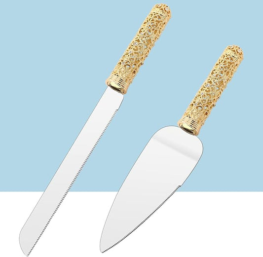 Gold Cake Knife and Server Set - 2 Piece Dessert Set Metal Handle with Crystal Stones Decoration for Wedding, Anniversary Party Birthday Banquets and Gifts for Bride and Groom