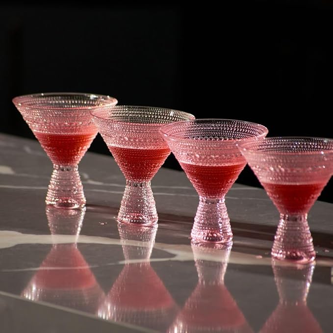 LEMONSODA Hobnail Pink/Clear Martini Glasses Vintage Cocktail Glasses (9oz) for Martini, Cocktail, Margarita, Cosmopolitan, Manhattan (Pink, Set of 4)