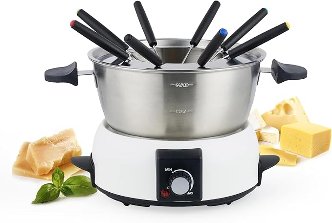 Electric Fondue Pot Set for Cheese & Chocolate - 6-Cup Stainless Steel Fondue Pot with 8 Coded Forks - 3 Mode Fondue Set Adjustable Temperature Control for Cheese, Oil and Hotpot, FD-10