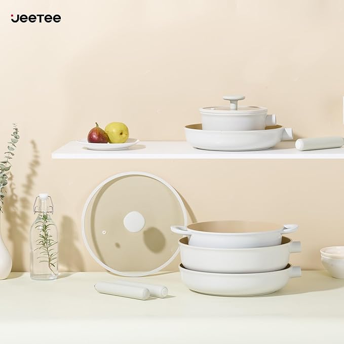 JEETEE Ceramic Cookware Set, 15 PCS Pots and Pans Set Non Stick with Removable Handles, Non Toxic Induction Kitchen Cookware Sets, Oven Safe PFAS/PFOA Free Cream