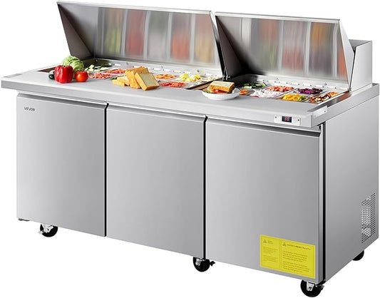 VEVOR 72"W Commercial Refrigerator, 18.7 Cu. Ft Sandwich Prep Refrigerated Table, Mega Top Food Prep Fridge with 30 Pans and Cutting Board, Stainless Steel Salad Prep Cooler for Restaurant, Food Truck