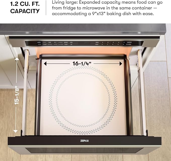 Zephyr 30 inch Built In Drawer Microwave Oven Under Cabinet - Integrated, Wall Mount, Under Counter Pull Out Microwave Drawer 1.2 cu ft, Preset Cooking Options, Easy Clean Coating, 1000W