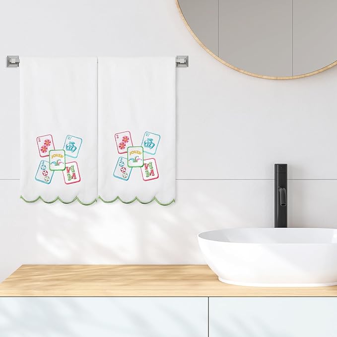 2Pcs Mahjong Scalloped Hand Towels Mah Jong Embroidered Cotton Bathroom Towels Decorative Dish Towel for Home Bathroom Kitchen Decor Mahjong Lover Gifts, 15.7x27.6 Inch