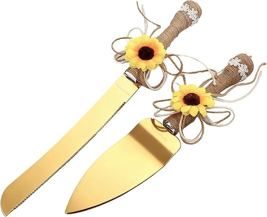 TANG SONG Rustic Wedding Cake Knife and Serving Set with Sunflower Burlap Lace Wedding Cake Knife (Gold-Set of 2)